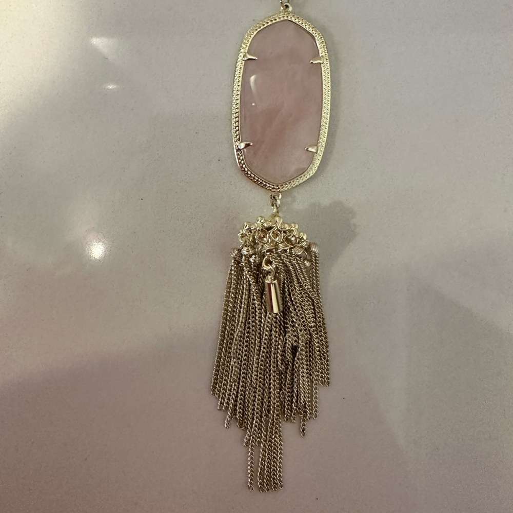 Kendra Scott Rayne Long Pink Quartz and Gold Tassel Necklace